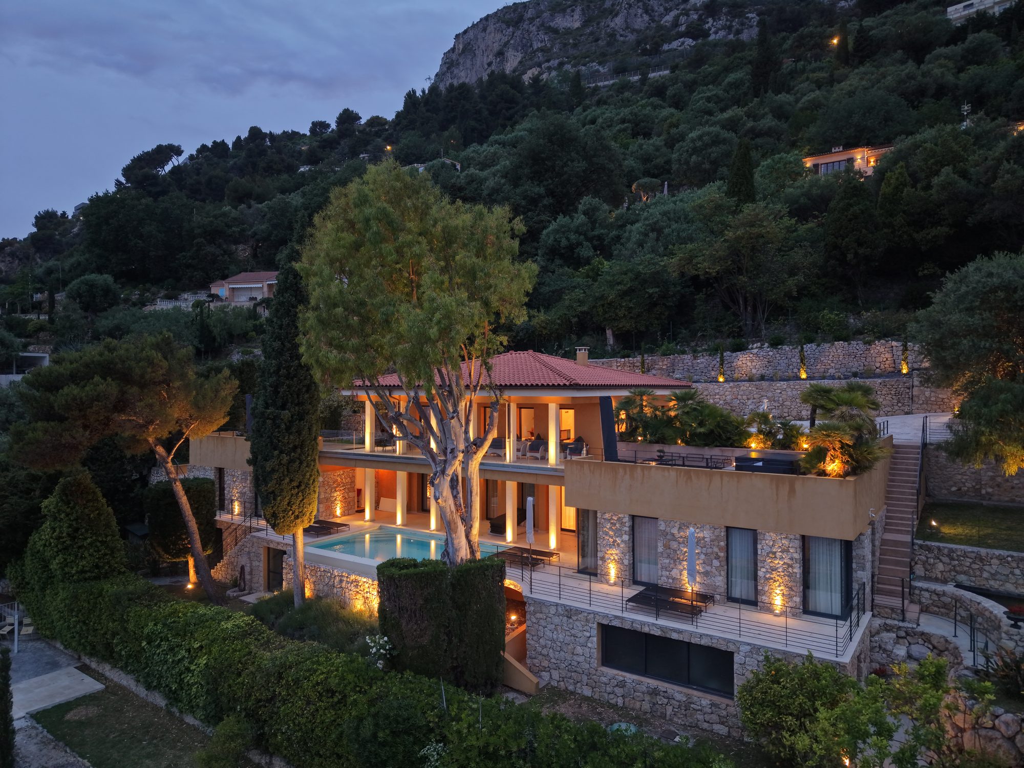 Villa Carlina at dusk on the French Riviera